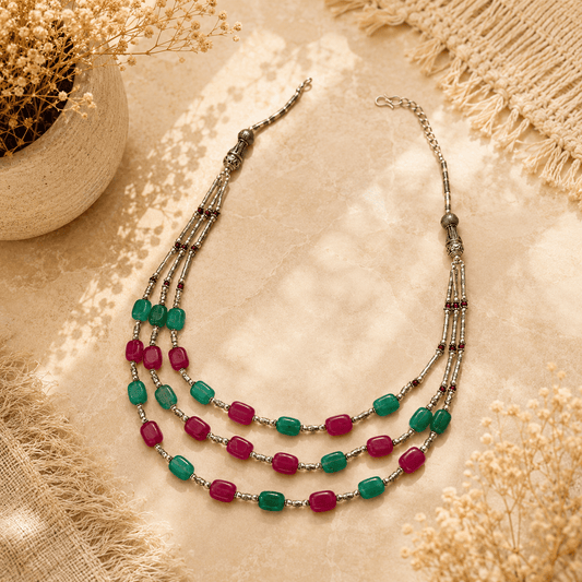 Naarya Jewels Rani Emerald Rouge Tripal layer Necklace