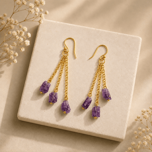 Naarya Jewels Earrings Amethyst Raw Stone Chain Drop Earrings