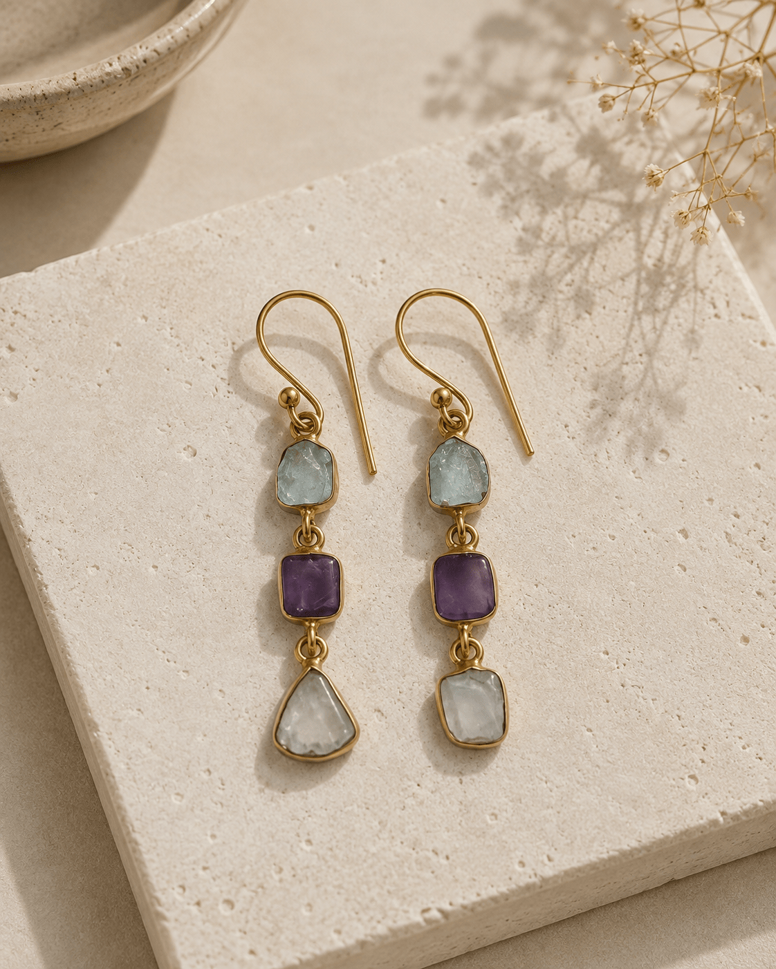 Naarya Jewels Amethyst Moonstone Raw Tier Drop Earrings