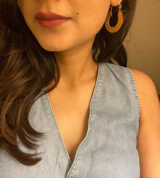 Embossed Oval Shaped Long Brass Earring (Anti Tarnish )