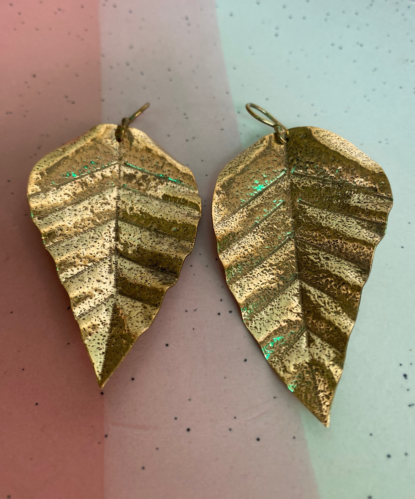 Textured Gold Leaf Long Brass Earrings (Anti Tarnish)
