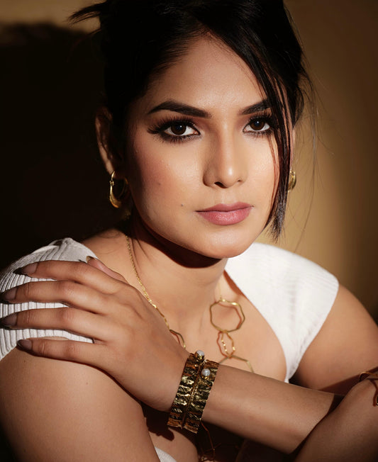 Leaf-Inspired Pure Brass Cuff Bracelet with semi precious beads (Anti Tarnish)