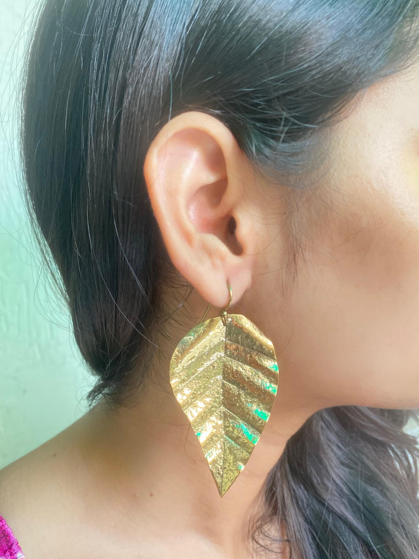 Textured Gold Leaf Long Brass Earrings (Anti Tarnish)