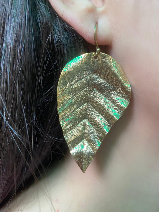 Textured Gold Leaf Long Brass Earrings (Anti Tarnish)