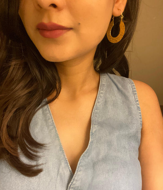 Embossed Oval Shaped Short Brass Earring (Anti Tarnish )