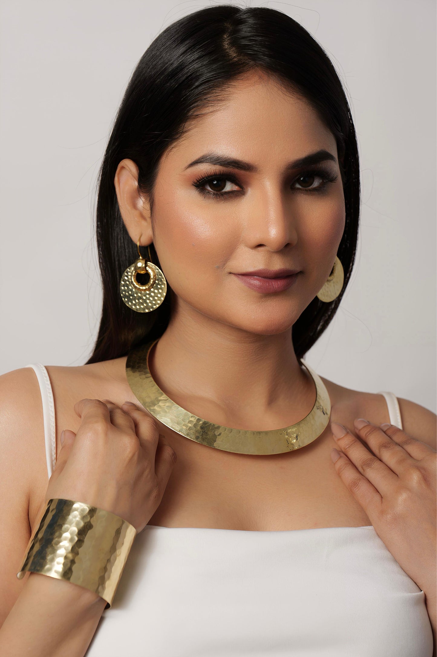 Hammered Glory – Statement Set (Earrings + Choker + Cuff) (Anti Tarnish)