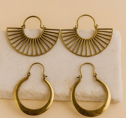 Flat brass and Linear Fan Hoops Combo (Anti Tarnish)