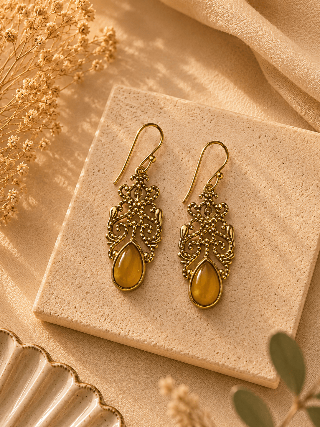 Naarya Jewels Yellow chalcedony Filigree Isle Drop Earrings