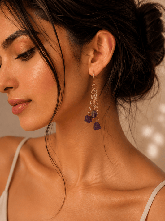 Naarya Jewels Earrings Amethyst Raw Stone Chain Drop Earrings