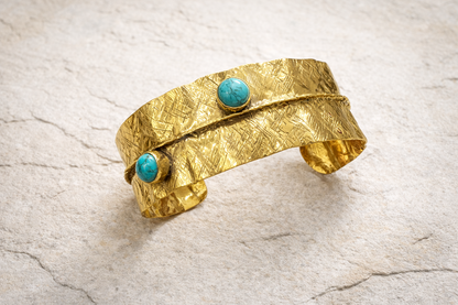 Leaf-Inspired Pure Brass Cuff with semi precious turquoise stone (Anti Tarnish)