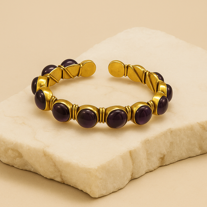 Black Onyx & purple hue Gold Cuff Bracelet (Anti Tarnish)