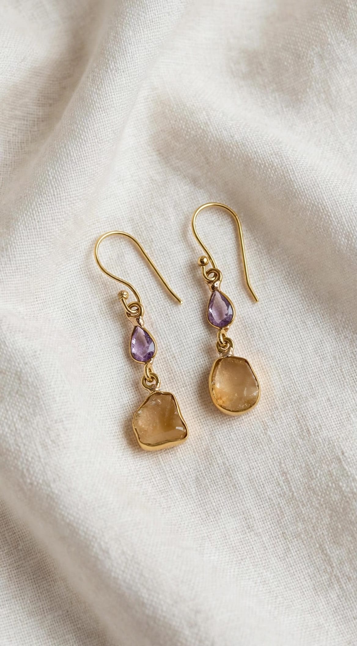 Naarya Jewels Citrine & Amethyst Faceted & Raw Tier Drop Earrings