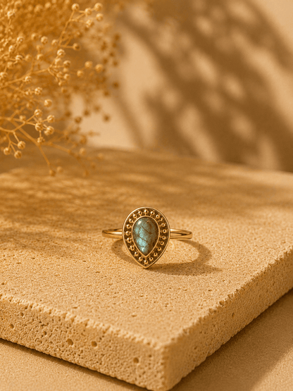 Naarya Jewels Labradorite / 12 Pear-Cut  Beaded Halo Ring