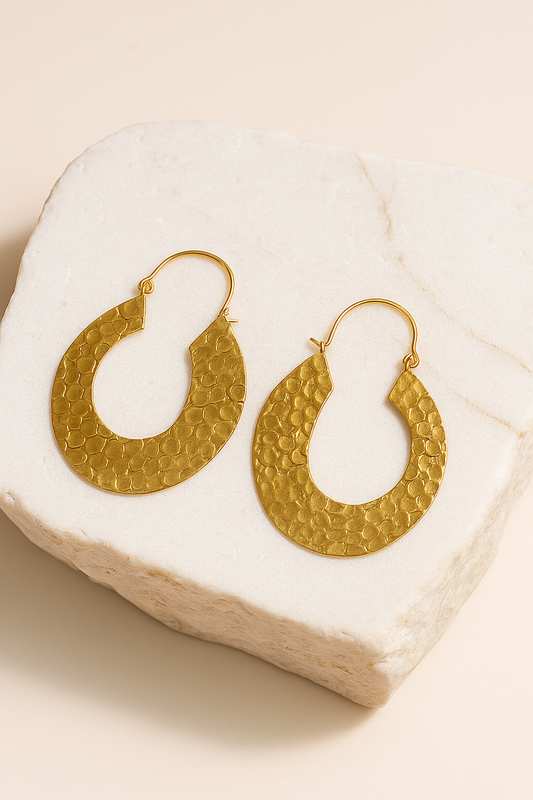 Embossed Oval Shaped Short Brass Earring (Anti Tarnish )