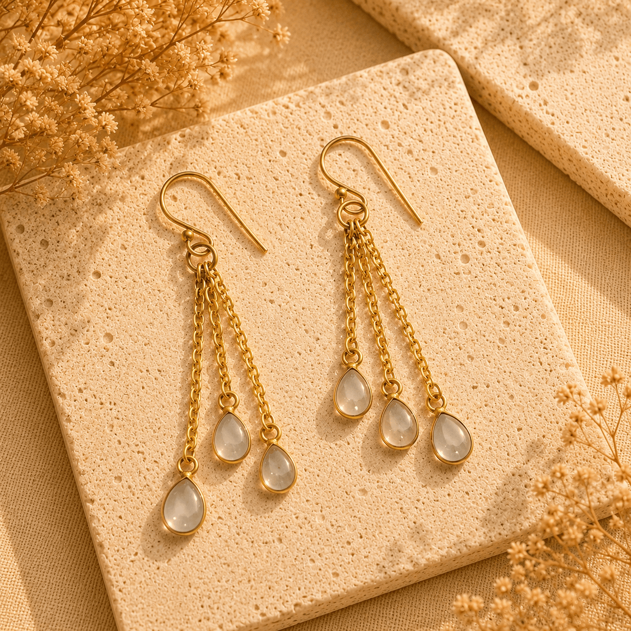 Naarya Jewels Moonstone Pink Ruby Faceted Rain  Drop Earrings
