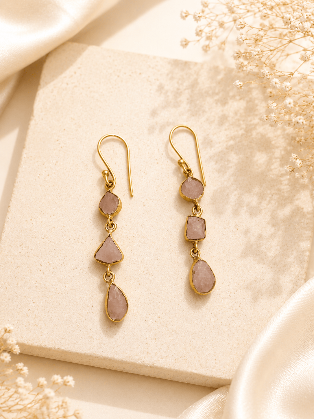 Naarya Jewels Pink Opal Amethyst Tier Drop Earrings