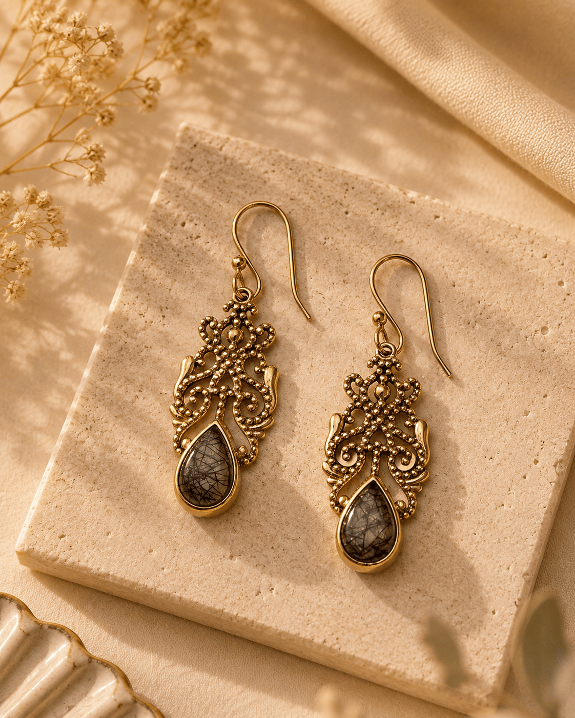Naarya Jewels Black Rutilated Quartz Filigree Isle Drop Earrings