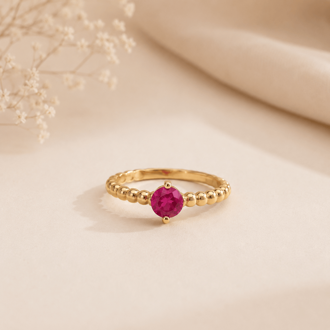 Naarya Jewels Ruby quartz / 12 Peridot Beaded Solitaire Ring