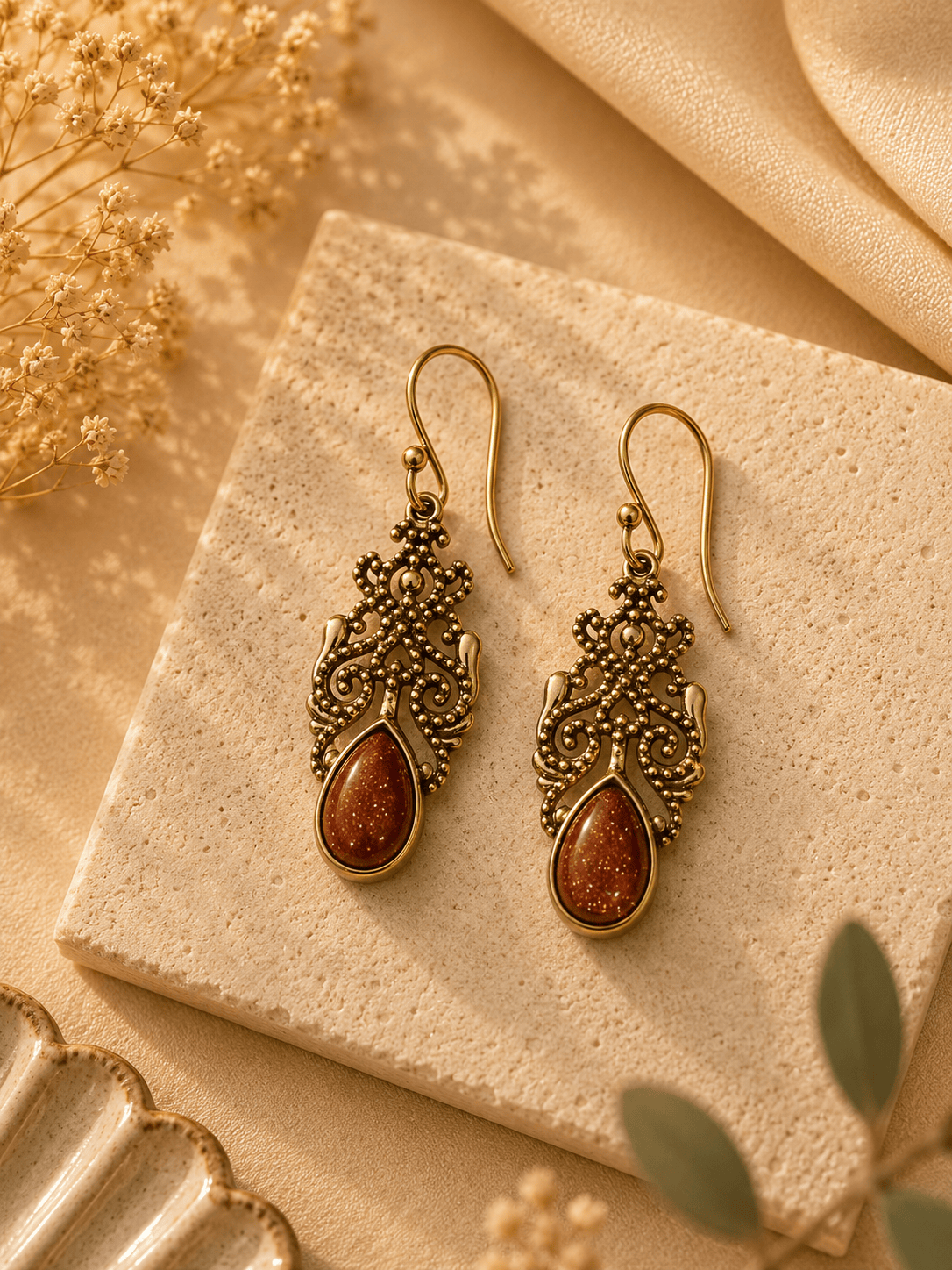 Naarya Jewels Red Goldstone Filigree Isle Drop Earrings