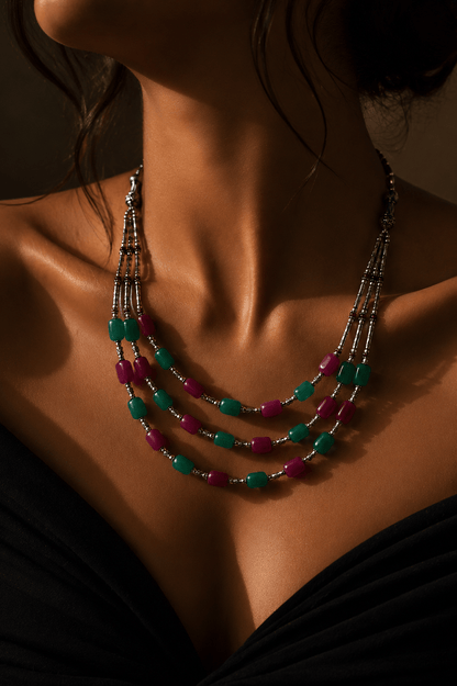 Naarya Jewels Rani Emerald Rouge Tripal layer Necklace