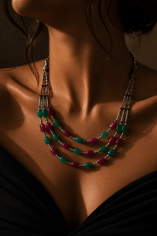 Naarya Jewels Rani Emerald Rouge Tripal layer Necklace