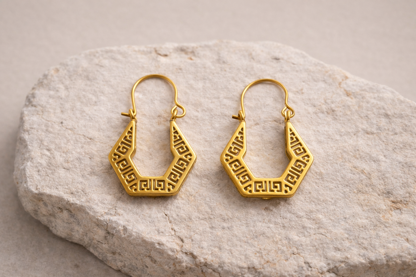 Hexagonal Ancient Greek Pattern Brass Earrings (Anti Tarnish)