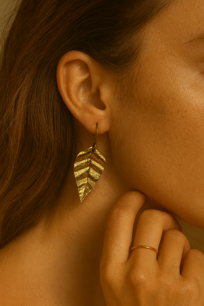 Textured Gold Short Leaf Brass Earrings (Anti Tarnish)
