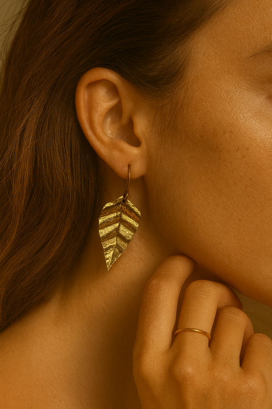 Textured Gold Short Leaf Brass Earrings (Anti Tarnish)