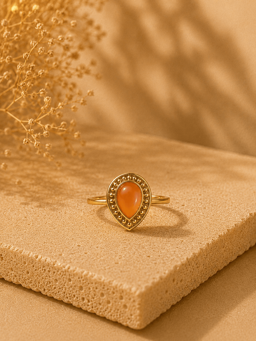 Naarya Jewels Carnelian / 12 Pear-Cut  Beaded Halo Ring