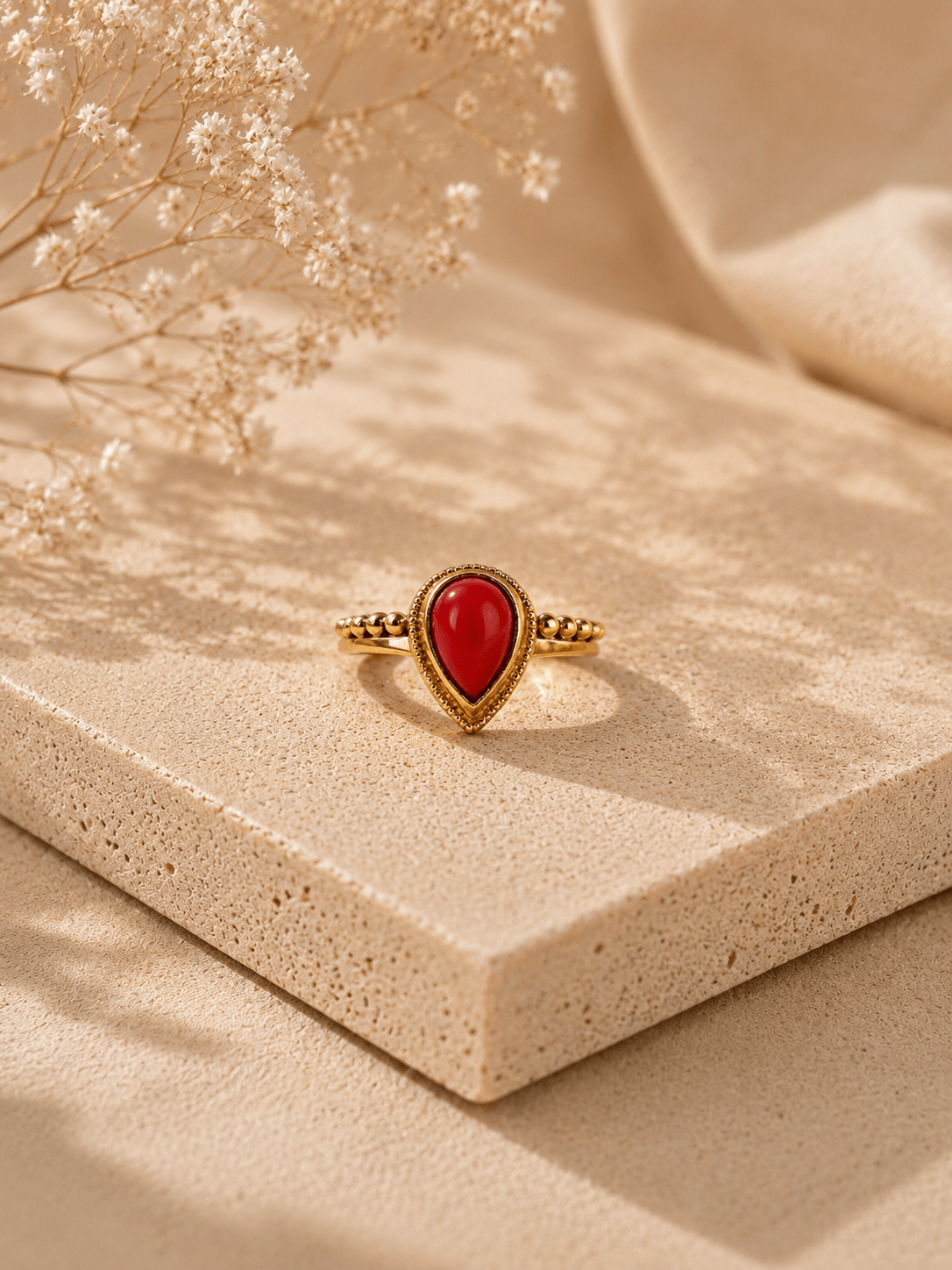 Naarya Jewels Coral / 14 Goldstone Pear cut Ring