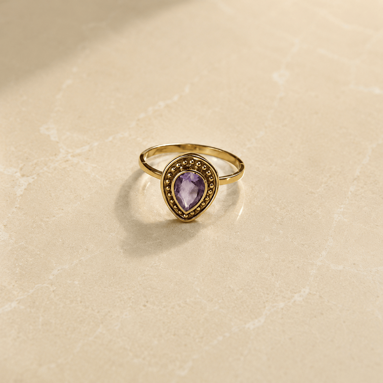 Naarya Jewels Pear-Cut Amethyst Beaded Halo Ring