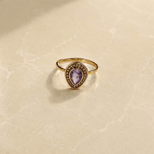 Naarya Jewels Pear-Cut Amethyst Beaded Halo Ring