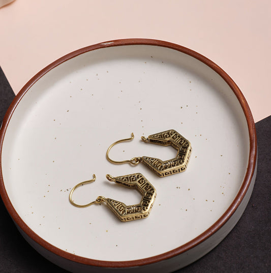 Hexagonal Ancient Greek Pattern Brass Earrings (Anti Tarnish)