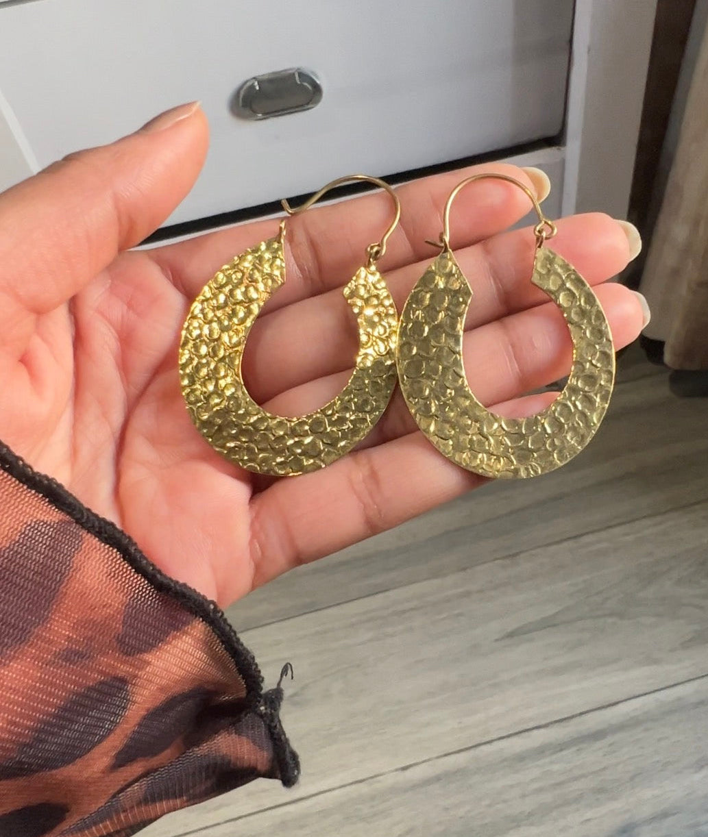 Embossed Oval Shaped Long Brass Earring (Anti Tarnish )