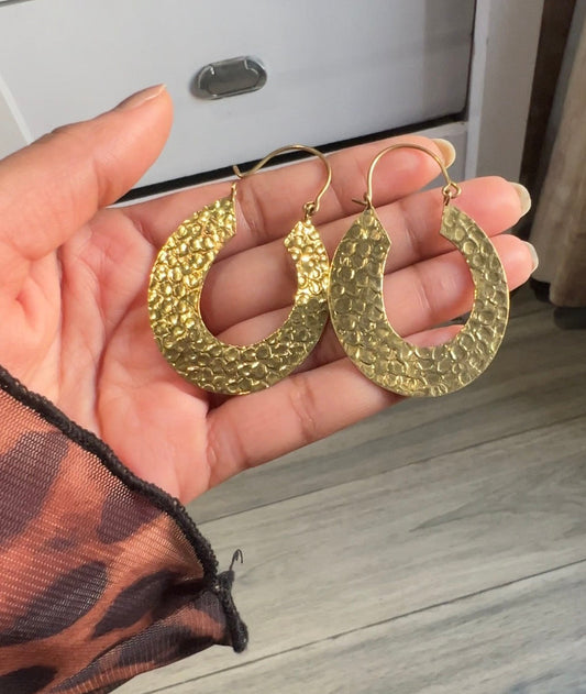 Embossed Oval Shaped Long Brass Earring (Anti Tarnish )