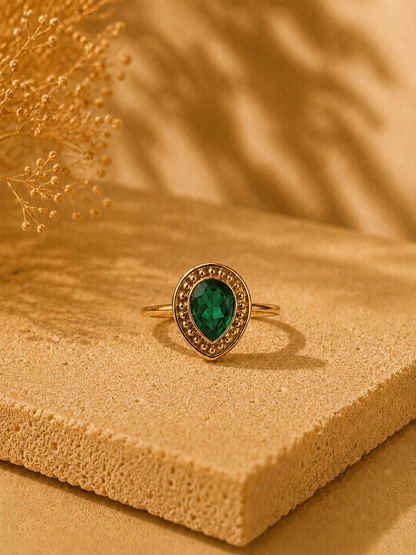 Naarya Jewels Emerald Zircon / 12 Pear-Cut  Beaded Halo Ring