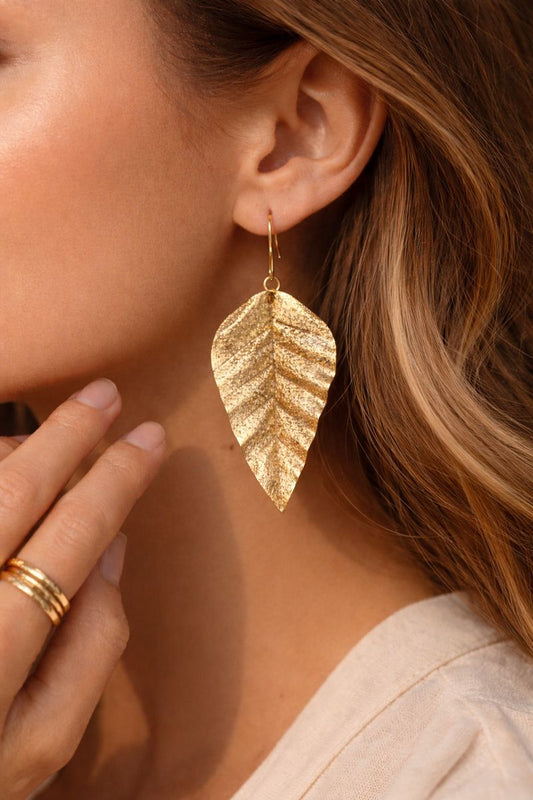 Textured Gold Leaf Long Brass Earrings (Anti Tarnish)