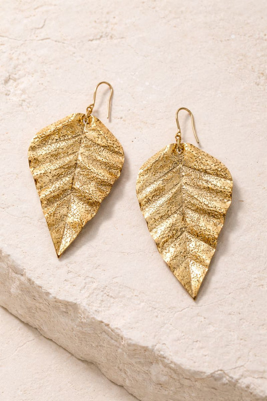 Textured Gold Leaf Long Brass Earrings (Anti Tarnish)