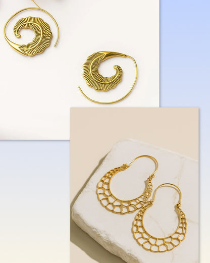 Enchanting Gold Duo: Spirals & Web Earring Combo