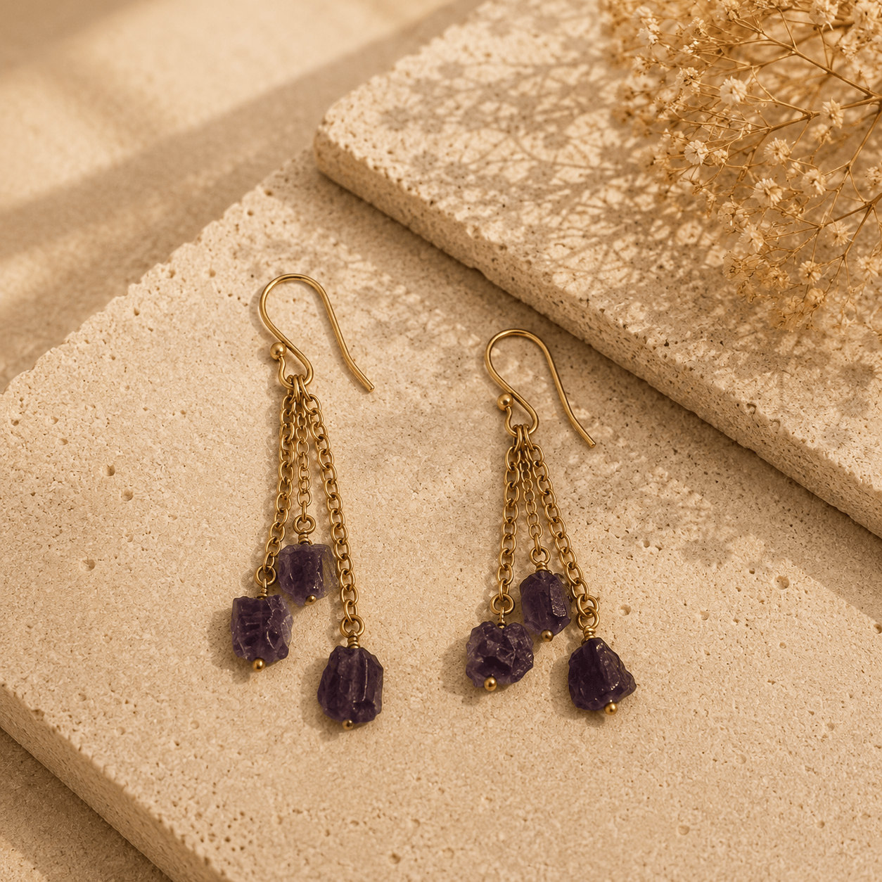 Naarya Jewels Earrings Amethyst Raw Stone Chain Drop Earrings