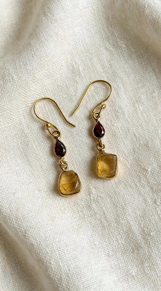 Naarya Jewels Citrine & Garnet Faceted & Raw Tier Drop Earrings