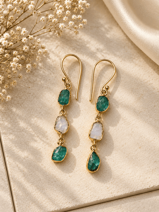 Naarya Jewels Emerald Moonstone Raw Tier Drop Earrings
