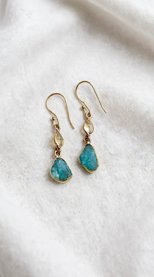 Naarya Jewels Emerald & Citrine Faceted & Raw Tier Drop Earrings