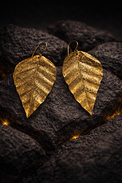 Naarya Jewels Textured Gold Leaf Long Brass Earrings (Anti Tarnish)