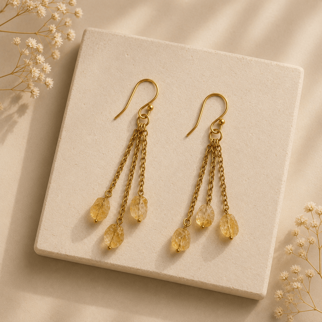 Naarya Jewels Earrings Citrine Raw Stone Chain Drop Earrings