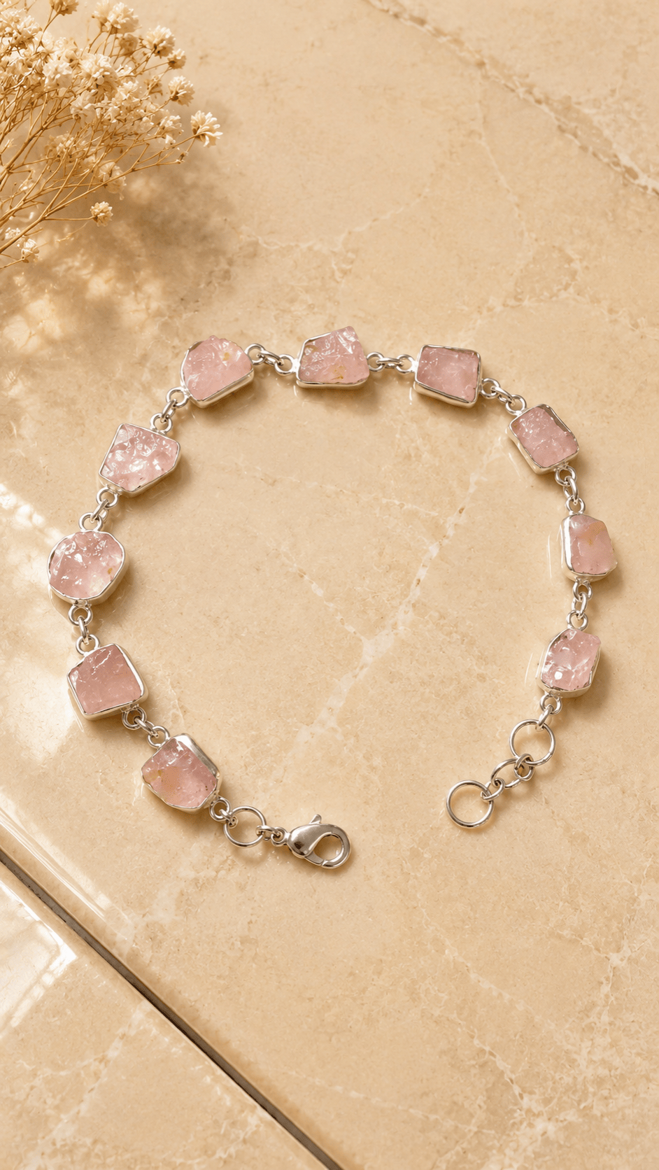 Naarya Jewels Rose Quartz Raw garnet Earth Silver Bracelet