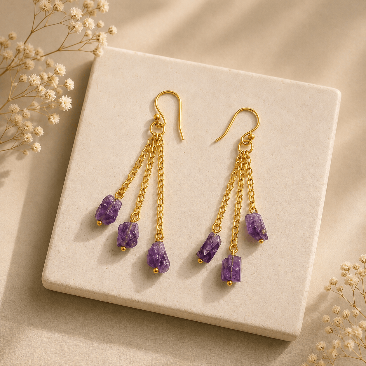 Naarya Jewels Earrings Amethyst Raw Stone Chain Drop Earrings