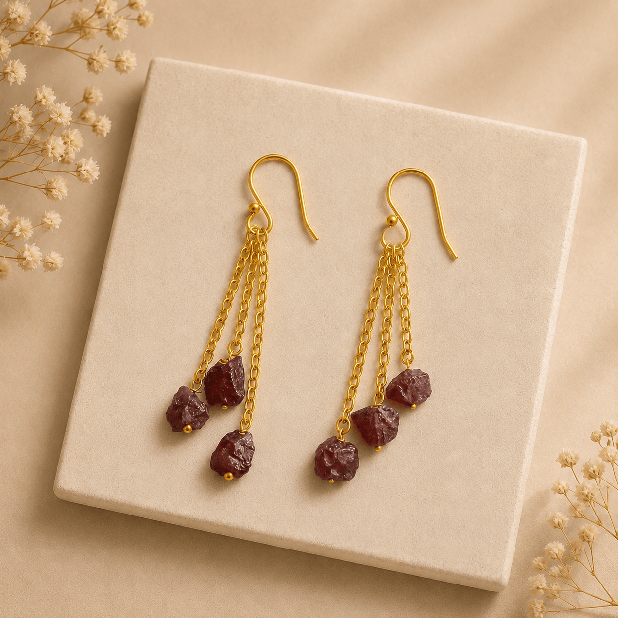 Naarya Jewels Earrings Garnet Raw Stone Chain Drop Earrings