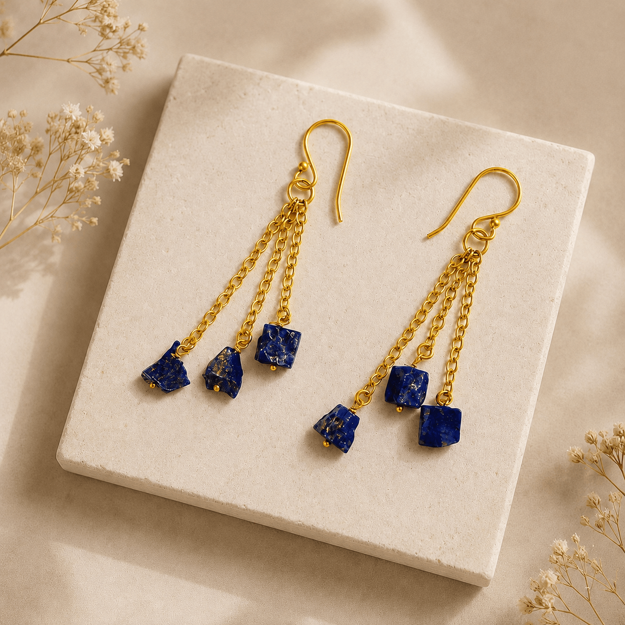 Naarya Jewels Earrings Lapis Raw Stone Chain Drop Earrings