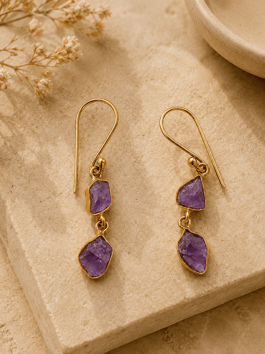 Naarya Jewels Amethyst Raw Quartz Double Drop Earrings